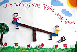 Two Children playing see-saw with a text Sharing the highs and lows of life